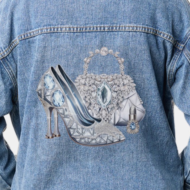 Frauen Diamond High Heel Shoe Denim Jacket Jeansjacke (Elegant diamond shoes and purse denim jacket. )