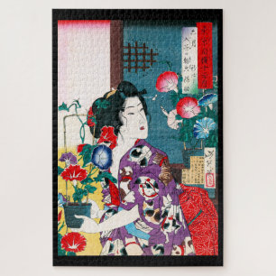 Frauen, die bei Katze gemustert Kimono tragen, Yos