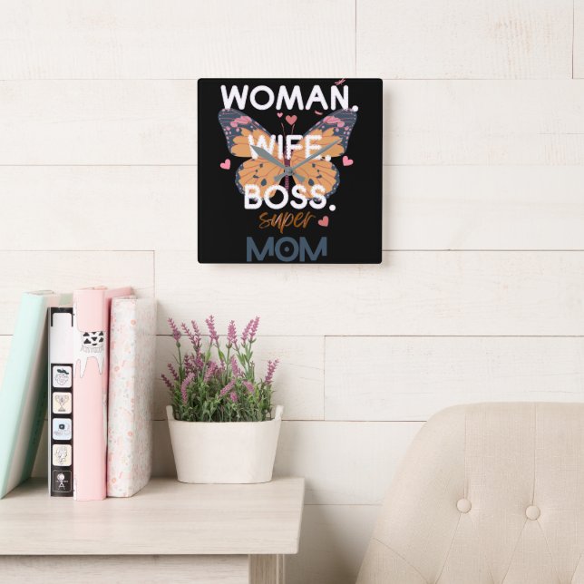 Frauen, Ehefrau, Chef, super Mom Quadratische Wanduhr (Lesesaal)