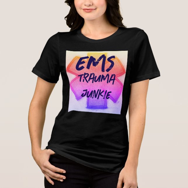 Frauen-EMS-Trauma-Junkie gelb pink & lila Tri-Blend Shirt (Vorderseite)