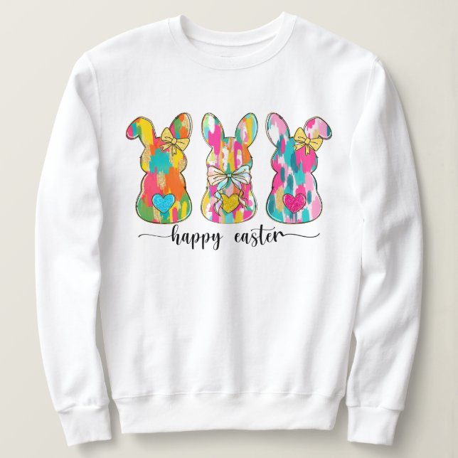 Frauen farbenfroher Glitzer Happy Oaster Bunny Sweatshirt (Design vorne)