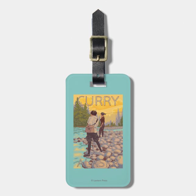 Frauen fliegen Fischen - Curry, Alaska Gepäckanhänger (Vorderseite vertikal)