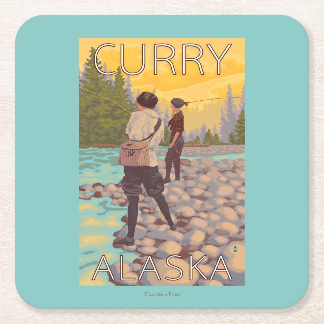 Frauen fliegen Fischen - Curry, Alaska Rechteckiger Pappuntersetzer (Vorderseite)