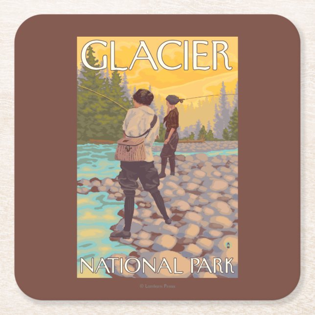 Frauen fliegen Fischen - Glacier Nationalpark, Rechteckiger Pappuntersetzer (Vorderseite)