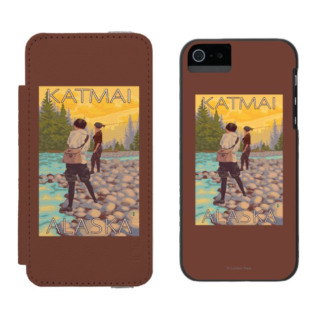 Frauen fliegen Fischen - Katmai, Alaska Incipio iPhone Geldbeutel-Hülle (Seite an Seite)
