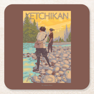 Frauen fliegen Fischen - Ketchikan, Alaska Rechteckiger Pappuntersetzer