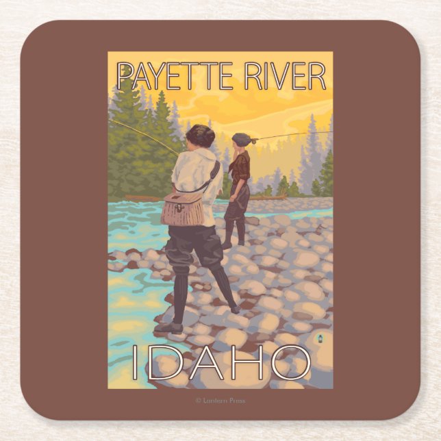 Frauen fliegen Fischen - Payette Fluss, Idaho Rechteckiger Pappuntersetzer (Vorderseite)