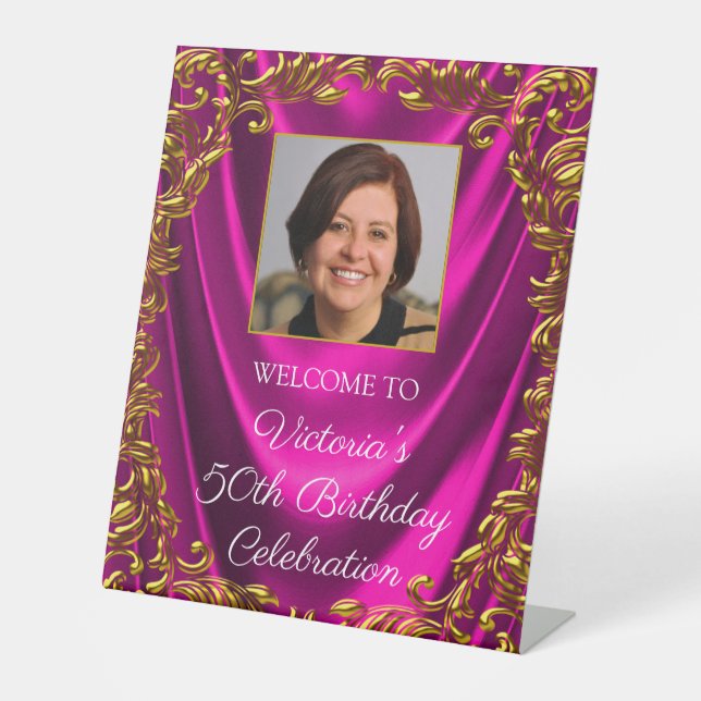 Frauen Fuchsia Gold Foto Geburtstagskarte Sockelschild (Vorderseite)