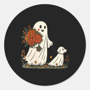 Frauen Ghost Walking Dog Gruselig Lustig Halloween Runder Aufkleber