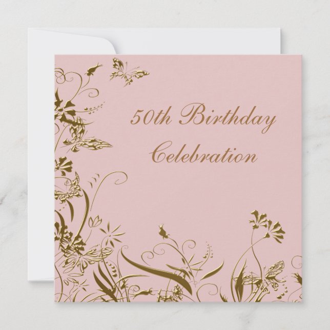 Frauen Gold Pink Butterfly 50. Geburtstag Einladung (Vorderseite)
