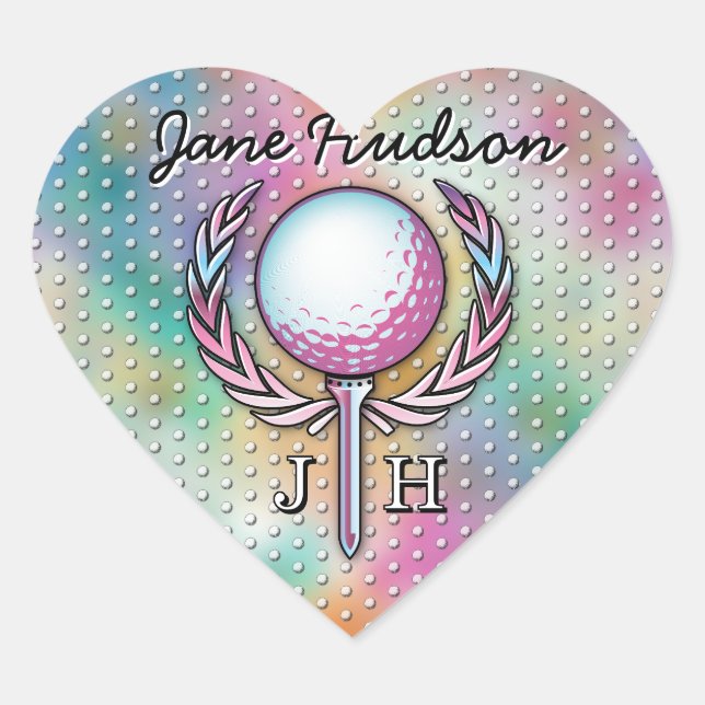 Frauen Golfer Custom Monogram Design Herz-Aufkleber (Vorderseite)