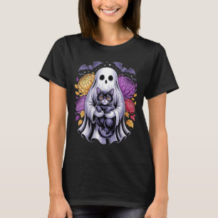 Frauen Gruselige Geister Katzen Florale Kürbis Süß T-Shirt