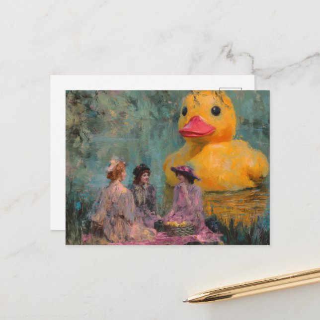 Frauen haben ein Picknick mit der Riesenente Postkarte (Vorderseite/Rückseite Beispiel)