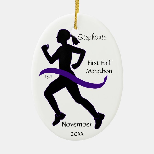 Frauen-halbe Marathon-Läufer-Verzierung in Lila Keramik Ornament (Vorne)