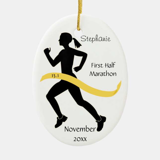 Frauen-Halbmarathon-Läufer-Verzierung im gelben Keramikornament (Vorne)