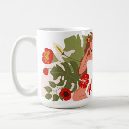 Frauen im Garten, rote Blume, grüne Folien Kaffeetasse