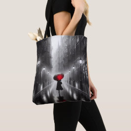 Frauen im Regen mit rotem Regenschirm Tasche