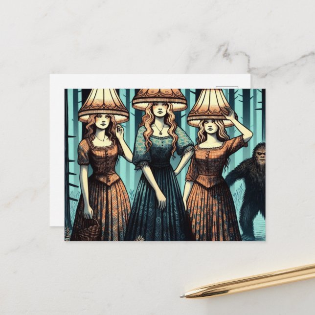 Frauen im Wald mit Lampshade-Hut und Bigfoot Postkarte (Vorderseite/Rückseite Beispiel)