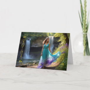 Frauen in Aquamarinem Kleid am Wasserfall Geburtst Karte