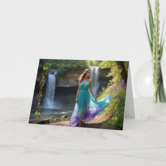 Frauen in Aquamarinem Kleid am Wasserfall Geburtst Karte