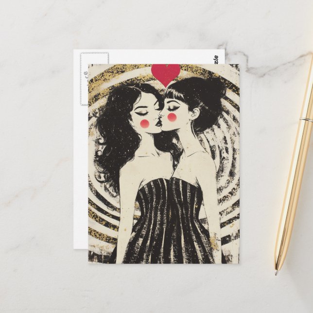 Frauen in Liebe Küssen in Matratzen Postkarte (Vorderseite/Rückseite Beispiel)