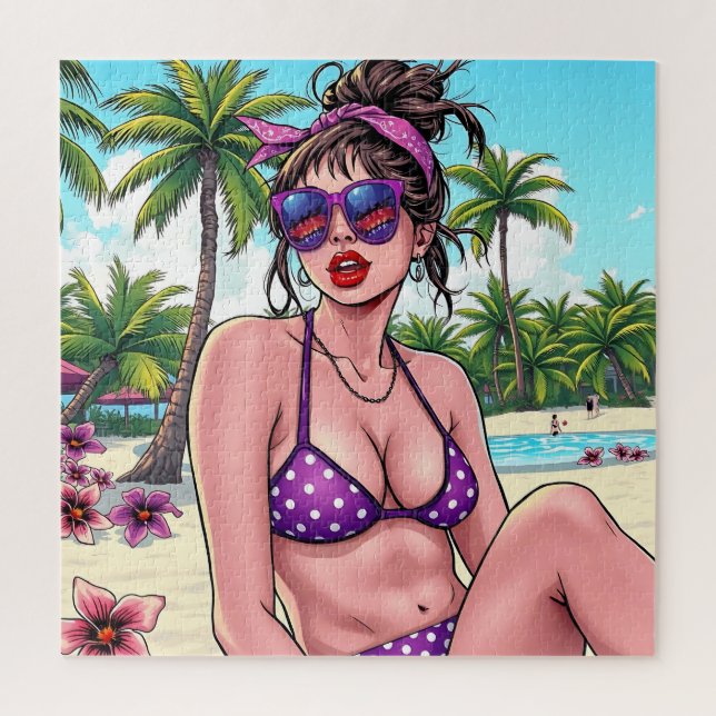 Frauen in Lila Bikini und Bandanna am Strand (Vertikal)