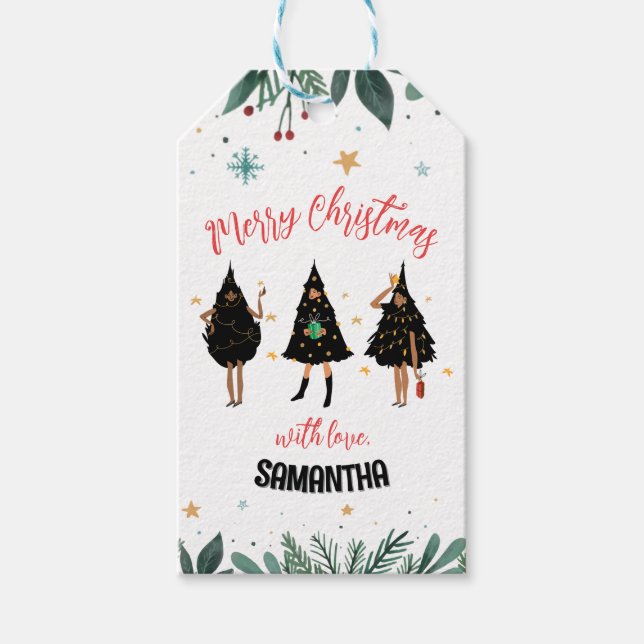 Frauen in schwarzem Weihnachtsbaum gekleidet Geschenkanhänger (Vorderseite)