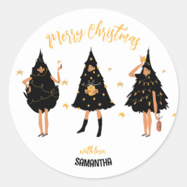 Frauen in schwarzem Weihnachtsbaum gekleidet Runder Aufkleber
