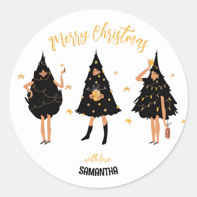 Frauen in schwarzem Weihnachtsbaum gekleidet Runder Aufkleber (Vorderseite)