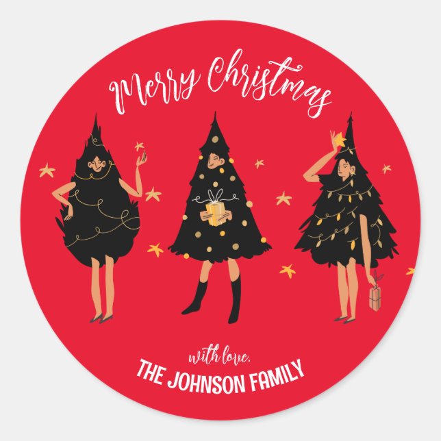 Frauen in schwarzem Weihnachtsbaum verkleidet, rot Runder Aufkleber (Vorderseite)