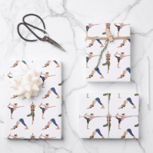 Frauen in Yoga-Posen Farbige Übungsmuster Geschenkpapier Set