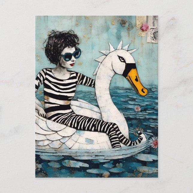 Frauen in Zebra gestreift Outfit auf einem Schwan Postkarte (Vorderseite)