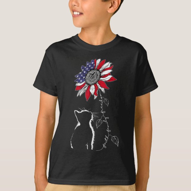 Frauen Katzen Sonnenblume 4. Juli Glaubenssfreihei T-Shirt (Vorderseite)