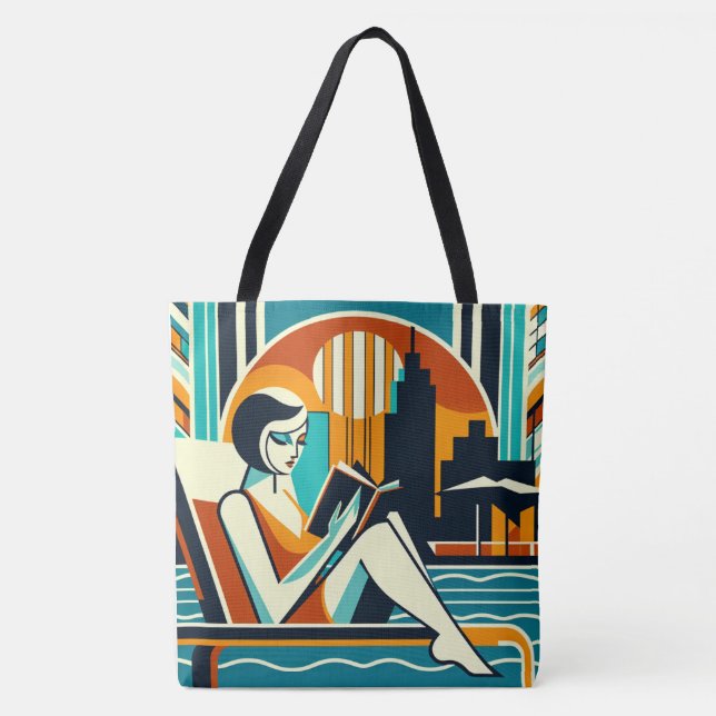 Frauen lesen Buch Poolside Art Deco Design Tasche (Vorderseite)