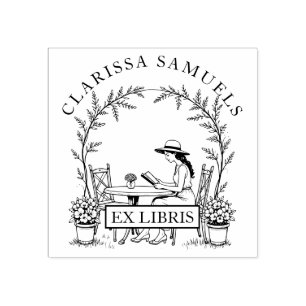 Frauen lesen Gartentisch-Blume mit Ex Libris Gummistempel