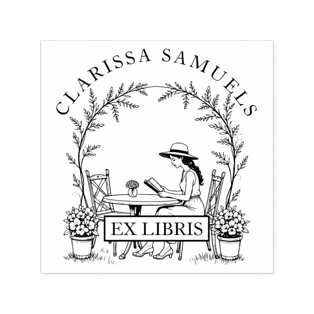 Frauen lesen Gartentisch-Blume mit Ex Libris Permastempel (Design)
