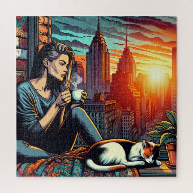 Frauen lesen im City-Fenster mit Cat und Kaffee (Vertikal)