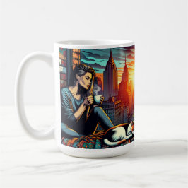 Frauen lesen im City-Fenster mit Cat und Kaffee Kaffeetasse