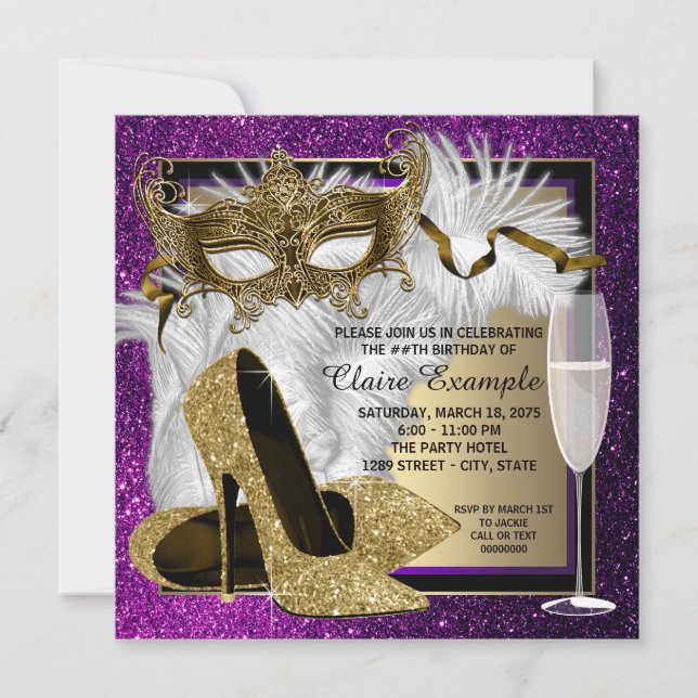 Frauen Lila Gold Masquerade Party Einladungen (Vorderseite)