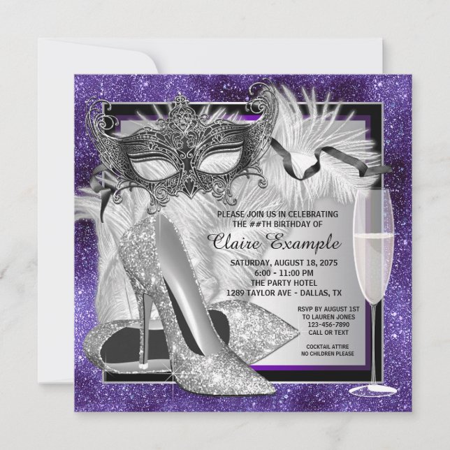 Frauen Lila und Silver Birthday Masquerade Party Einladung (Vorderseite)