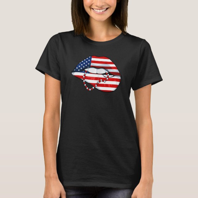 Frauen Lip Biting 4. Juli Coole Patriotische Ameri T-Shirt (Vorderseite)