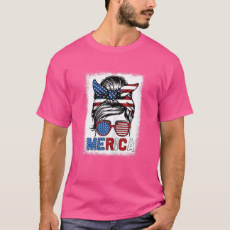 Frauen Merica Mama Girl American Flag Messy Bun Ha T-Shirt