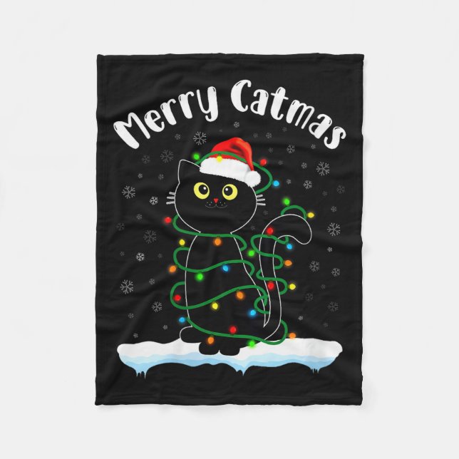 Frauen Merry Catmas Katze trägt Weihnachtsmann Hut Fleecedecke (Vorderseite)