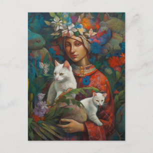 Frauen mit 2 weißen Katzen Tropenwald Postkarte