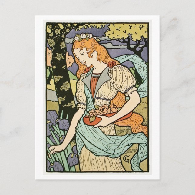 Frauen mit Blume Art Deco Vintag Postkarte (Vorderseite)