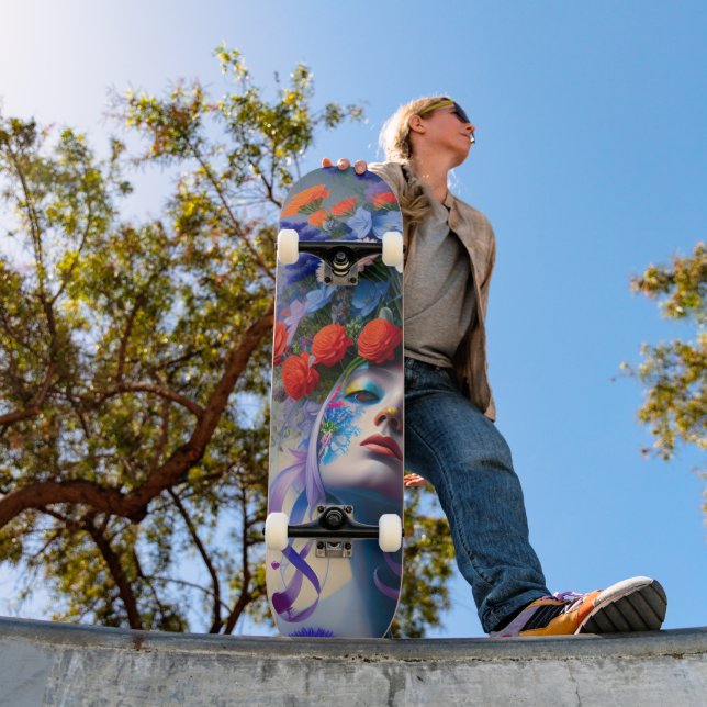 Frauen mit Blumenhaar konfrontiert Skateboard (Außenbereich 1)