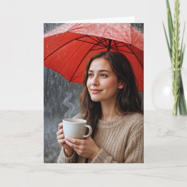 Frauen mit heißem Kaffee-Cup unter einem roten Sch Karte (Vorderseite)
