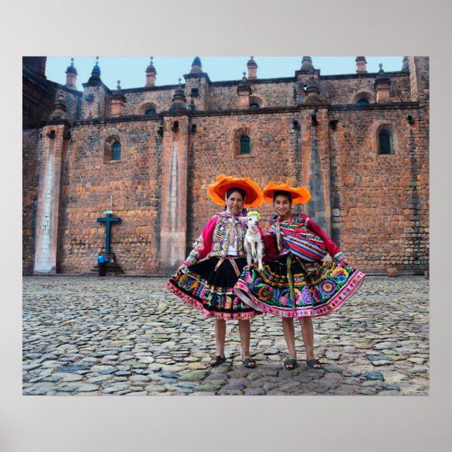 Frauen mit Lamm in Cusco, Peru Poster (Vorne)