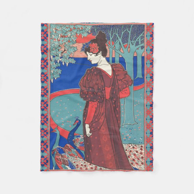 Frauen mit Peacocks Jugendstil Vintage Kunst Fleecedecke (Vorderseite)