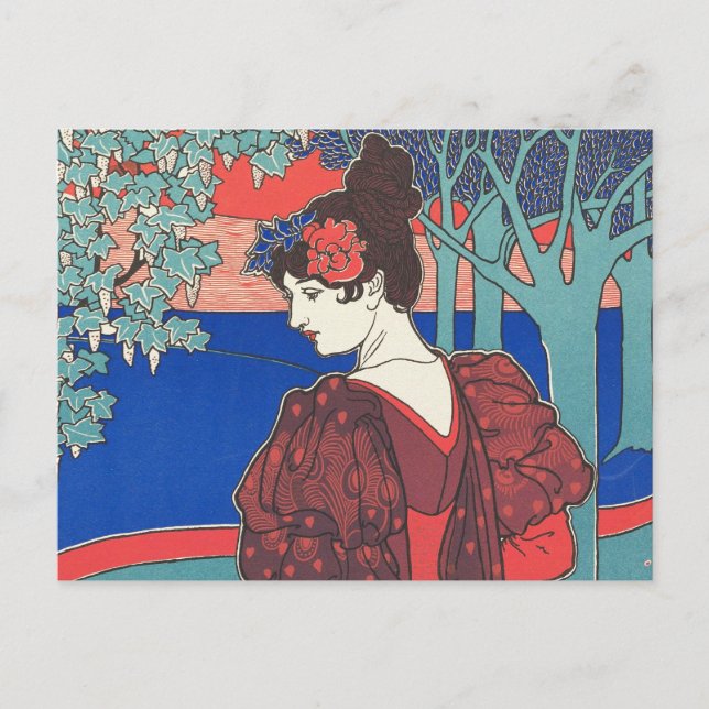 Frauen mit Peacocks Jugendstil Vintage Kunst Postkarte (Vorderseite)